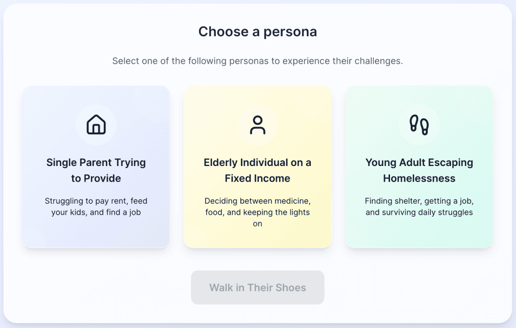 Lead Gen Tool that is empathy based and focuses on conversions. This is the screen where you choose which persona you will be "walking a mile in the shoes" of.
