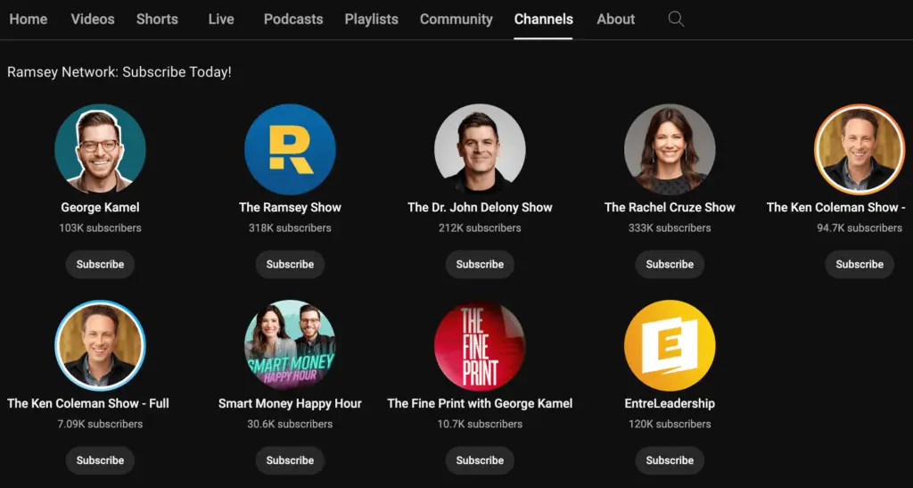 A screenshot of different YouTube channels connected through Dave Ramsey's channel representing Soulheart's blog titled Increase YouTube Video Views - Insights From 8 Creators.