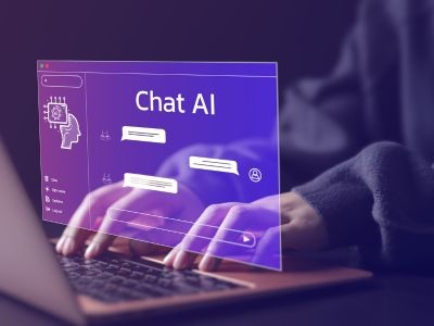 image of someone on a laptop with a chat ai digital screen overlay demonstrating why you should be using ai in marketing.