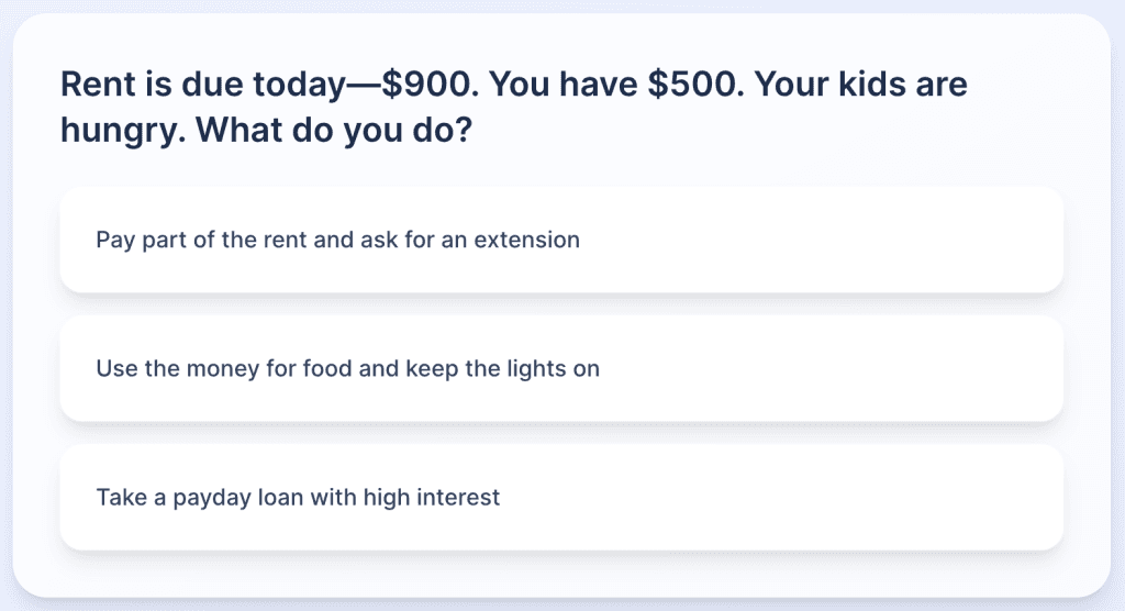 Walk a Mile In Their Shoes Lead Gen Tool. This is the first question in the poverty focused tool.