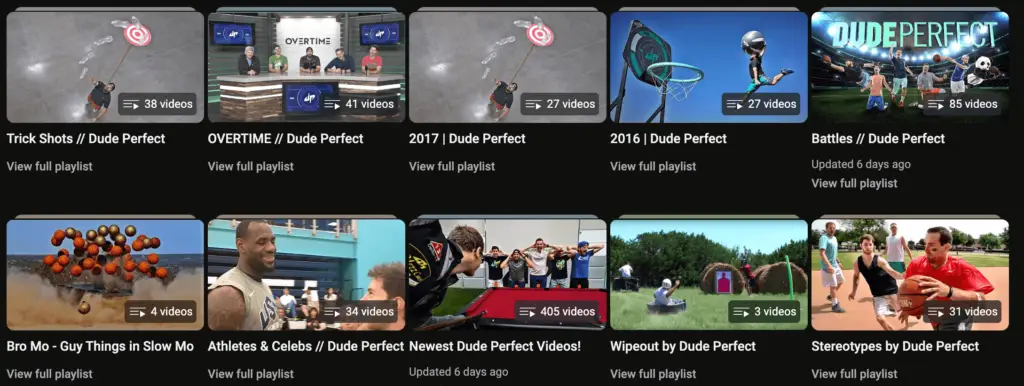A screenshot of playlists from Dude Perfect's YouTube channel representing Soulheart's blog titled Increase YouTube Video Views - Insights From 8 Creators.