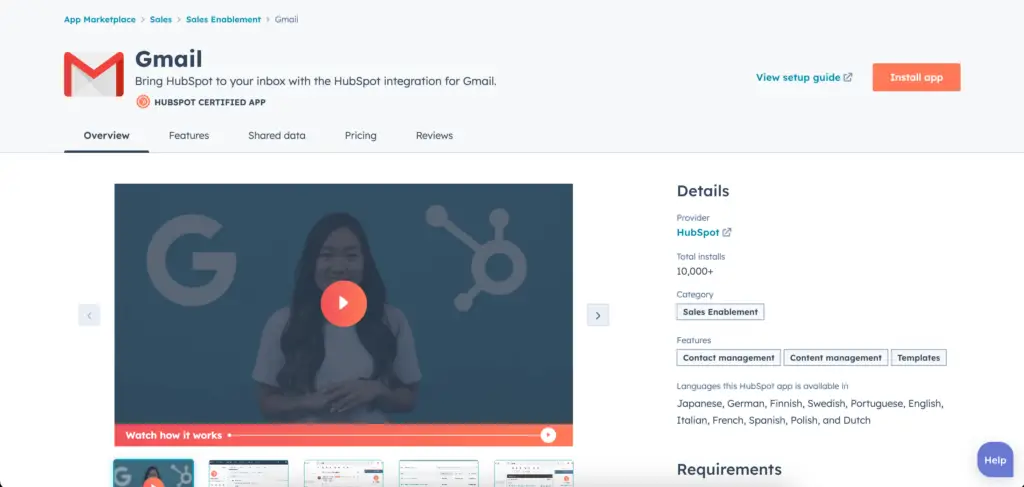 An image of HubSpot's integrations interface instructing the user to install the app representing Soulheart's blog Connect Your Productivity Tools Seamlessly with HubSpot’s Integrations