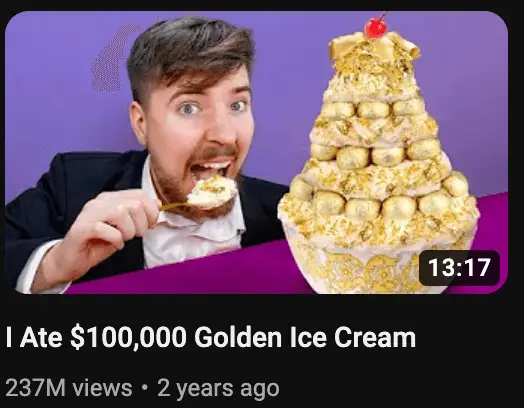 A screenshot of Mr. Beast's video where he eats ice cream worth $100K representing Soulheart's blog titled Increase YouTube Video Views - Insights From 8 Creators.