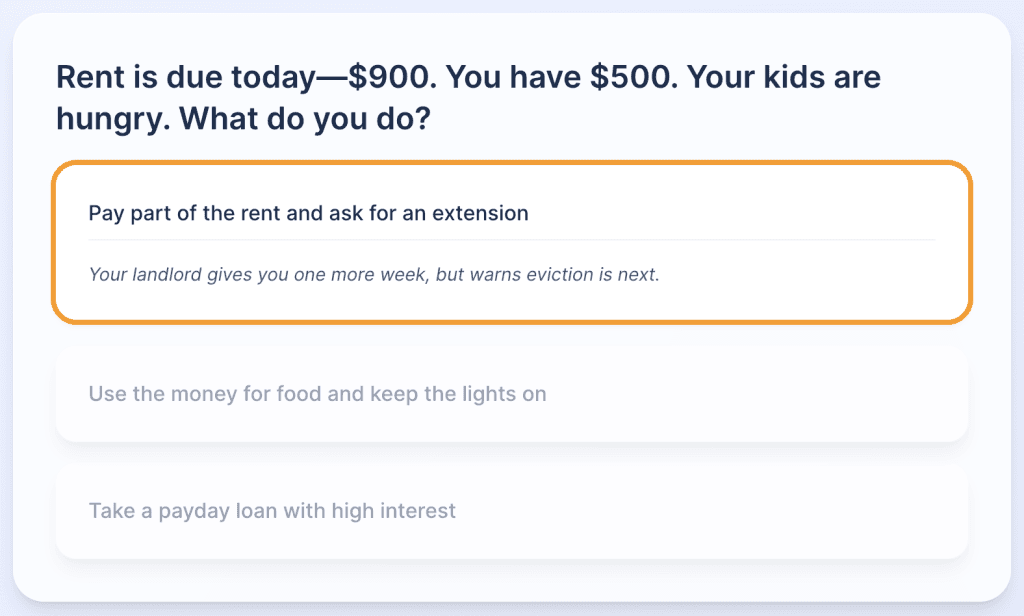 Walk a Mile Lead Generator that focuses on empathy. This is an image of one of the questions with the consequence for picking that option.