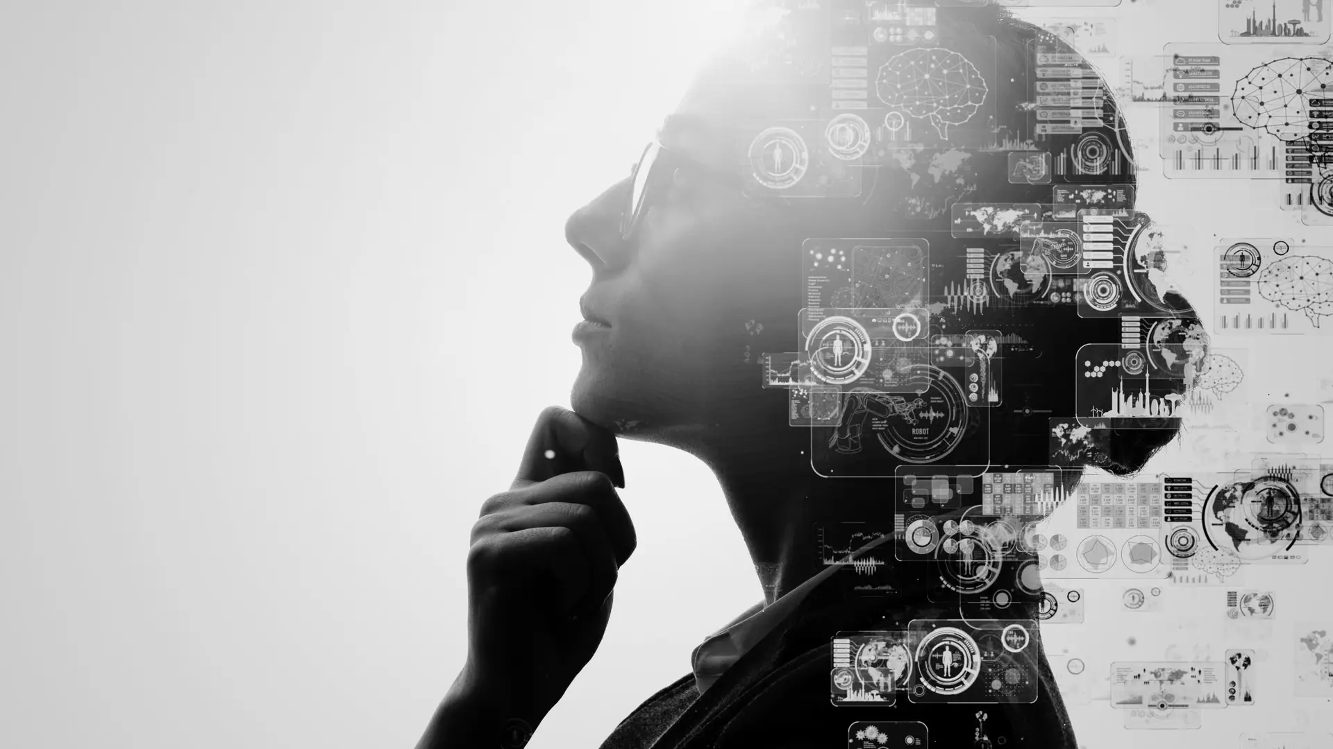 image of a woman deep in thought with gears forming next to her representing the benefits of using AI in marketing.
