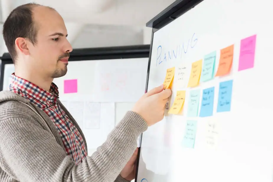 Manager putting post it notes on a white board representing Soulheart's blog titled A No-Nonsense Guide to Streamlining Operations with HubSpot's Operations Hub