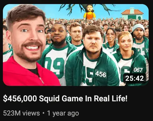 A screenshot of Mr. Beast's video reenacting the Squid Game representing Soulheart's blog titled Increase YouTube Video Views - Insights From 8 Creators.