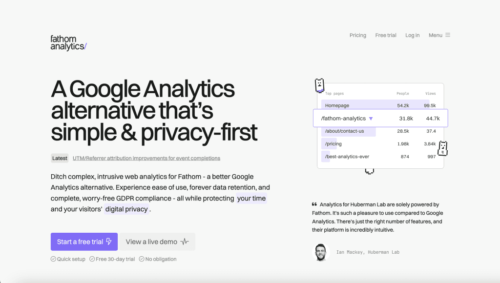Image of Fathom Analytic's homepage representing used in the article explaining why Soulheart is moving on from GA4 for Fathom.