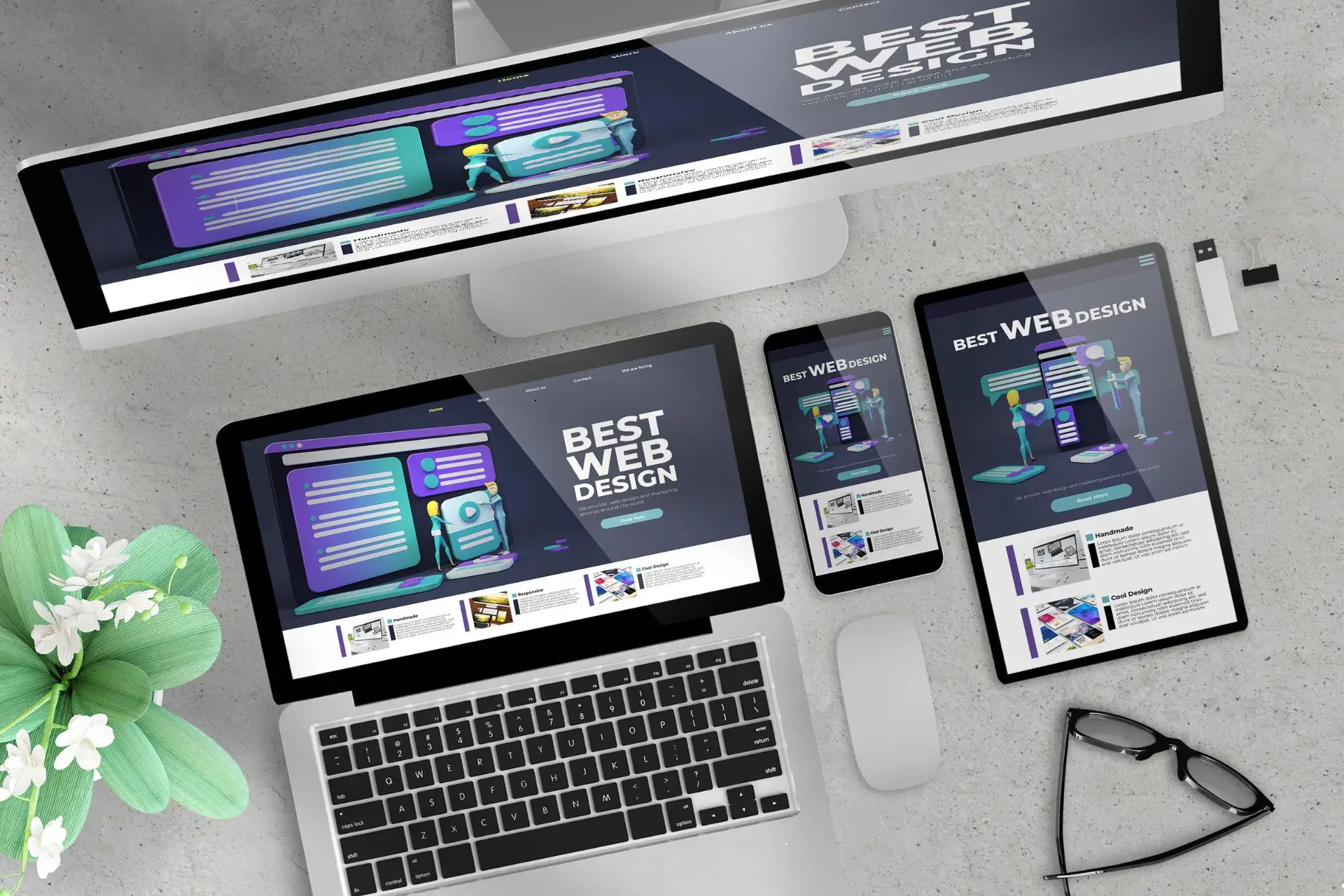 Image of multiple devices with a web design on them representing a blog on Webflow Web Design.
