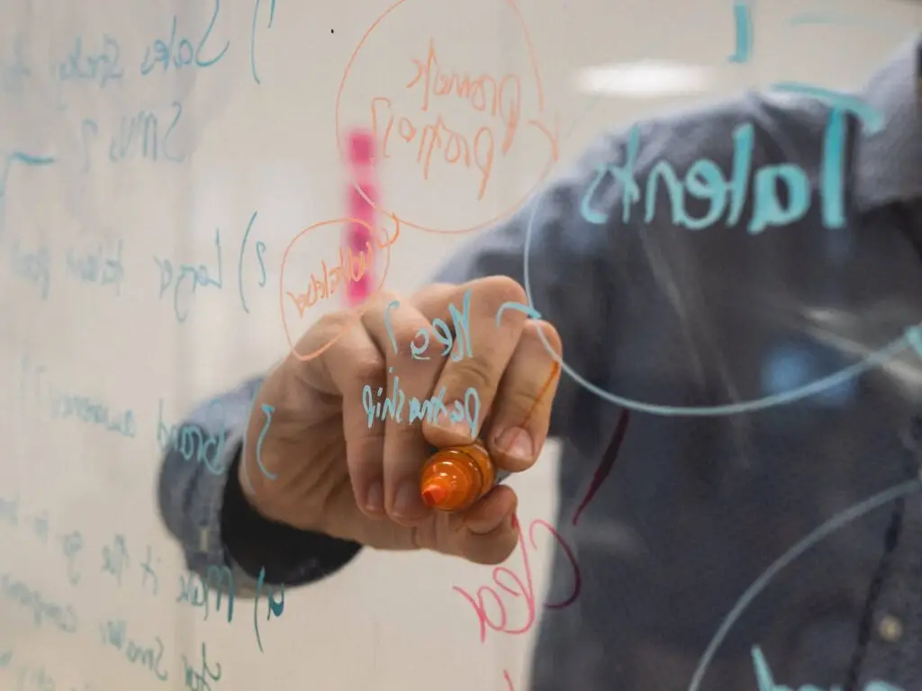 An image of a man writing on a white board representing Soulheart's blog titled Content Excellence: 5 Benefits of Working with Digital Marketers.