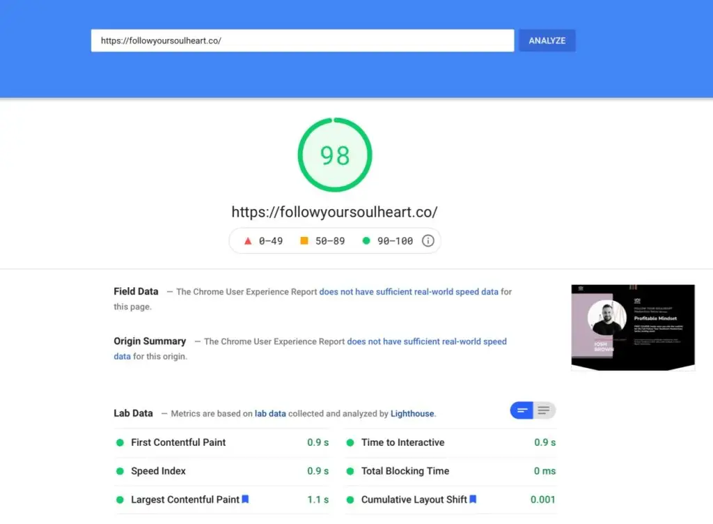 Google Page Speed Insights for Follow Your Soulheart