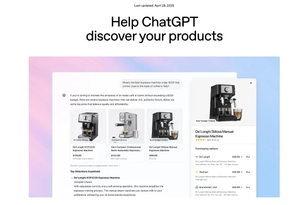 Image of the announcement of the new ChatGPT Product Discovery Tool.