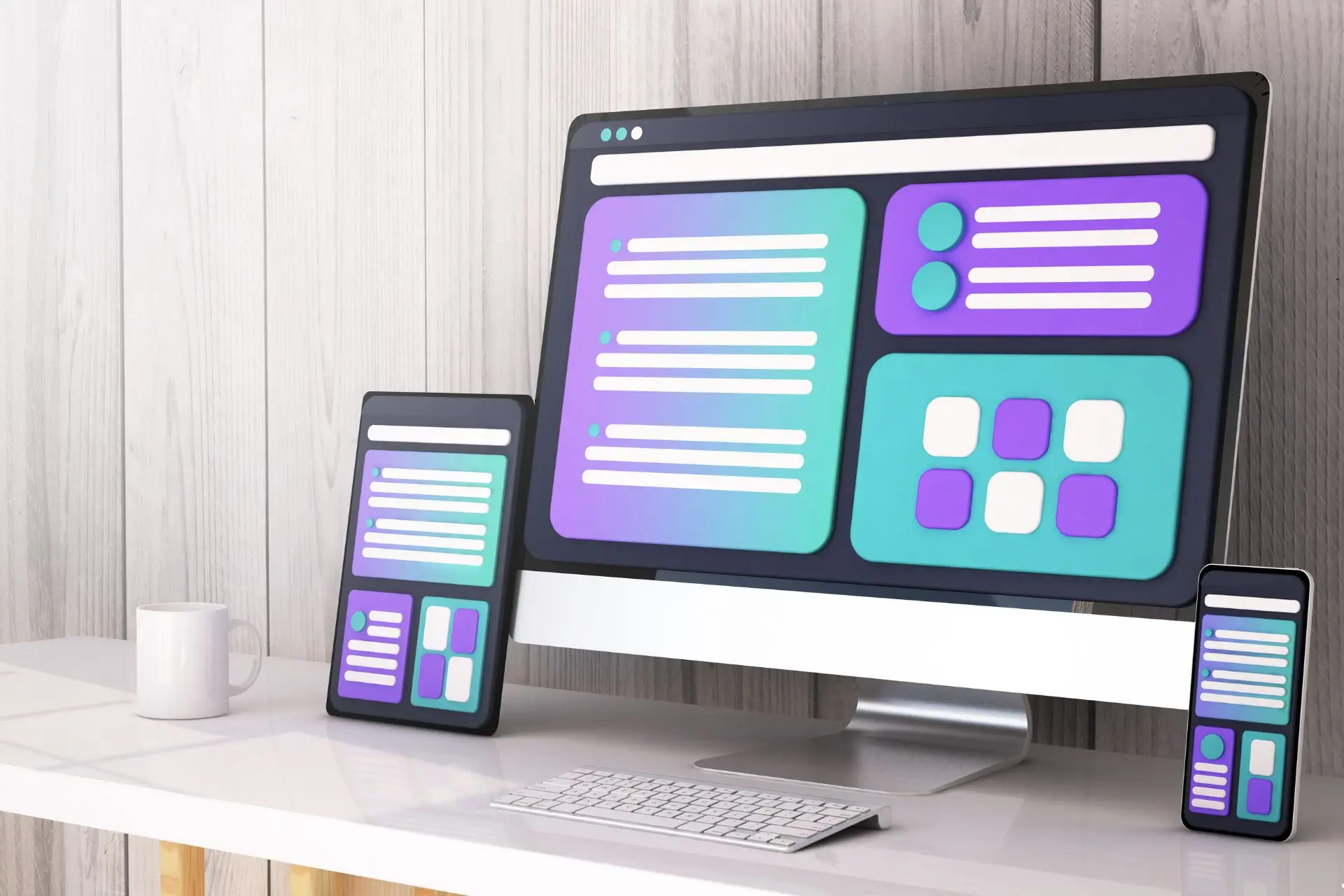 Image a multiple digital devices with general web design features displayed representing a blog comparing Webflow vs Wordpress.