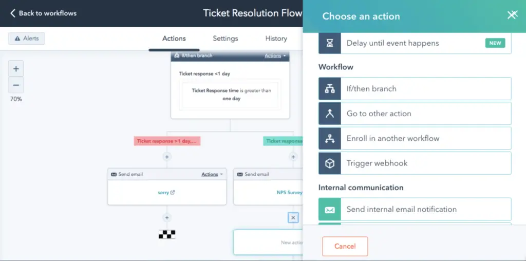An image of HubSpot's Sales Hub ticket resolution workflow representing Soulheart's blog How HubSpot's Service Hub Drives Customer Satisfaction and Business Growth