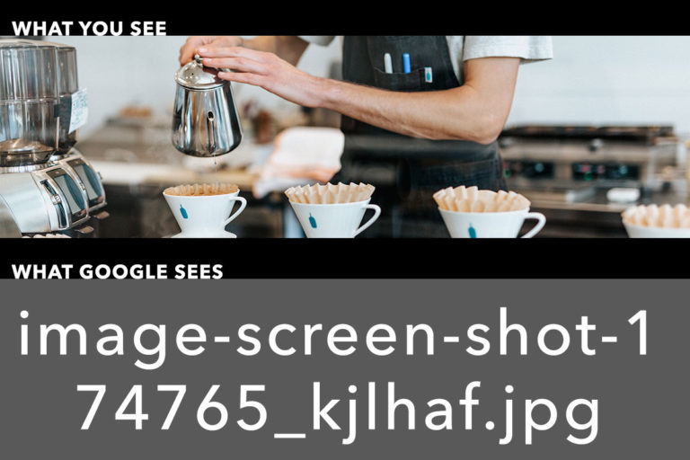 Image of a barista pouring coffee compared with image name that Google sees when they look at the code on your website. It represents the importance of naming your images properly in Soulheart's article on Marketing term definitions.